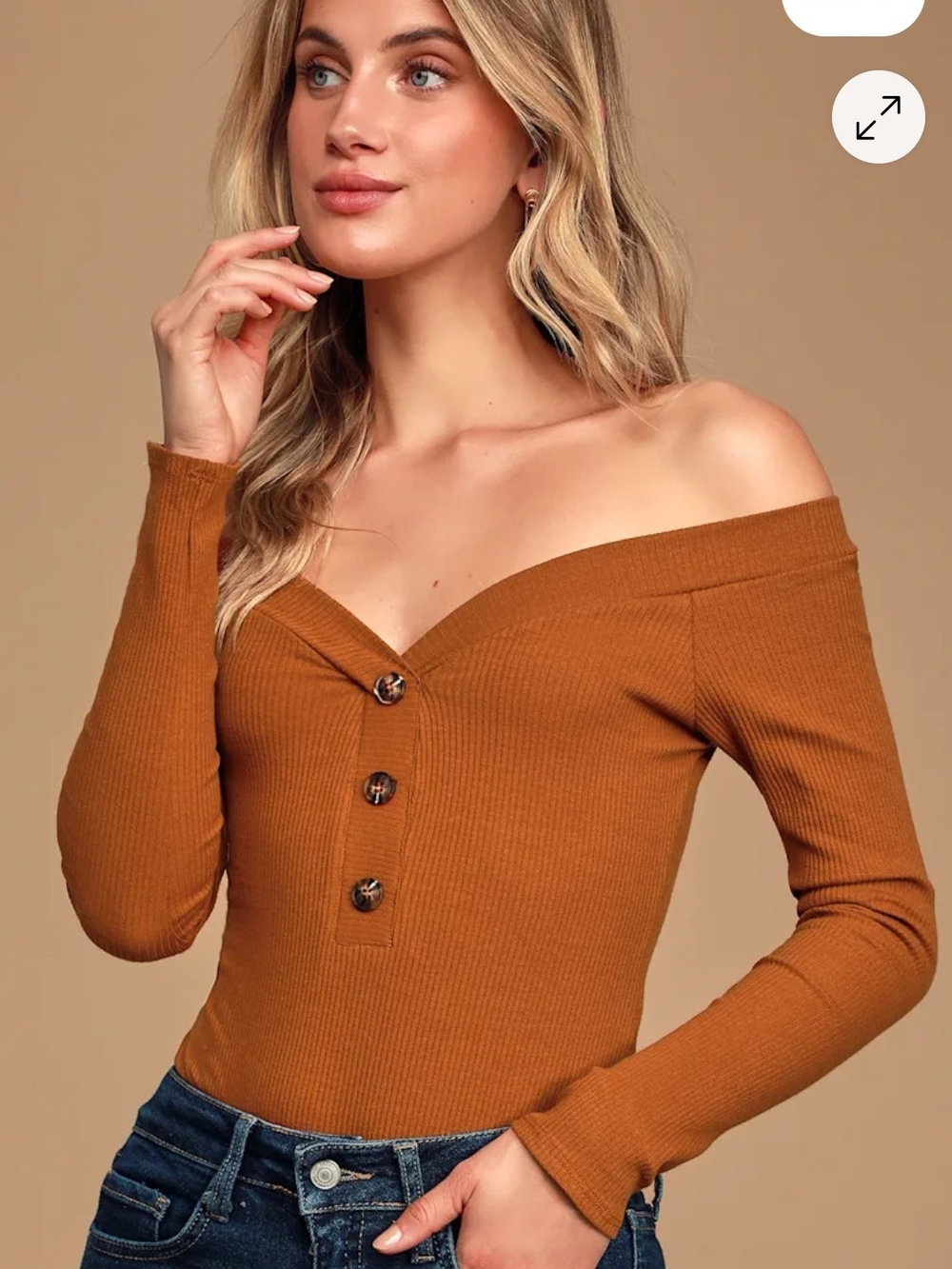 Lulu's Lilyth Rust Brown Ribbed Long Sleeve Off-the-Shoulder Bodysuit